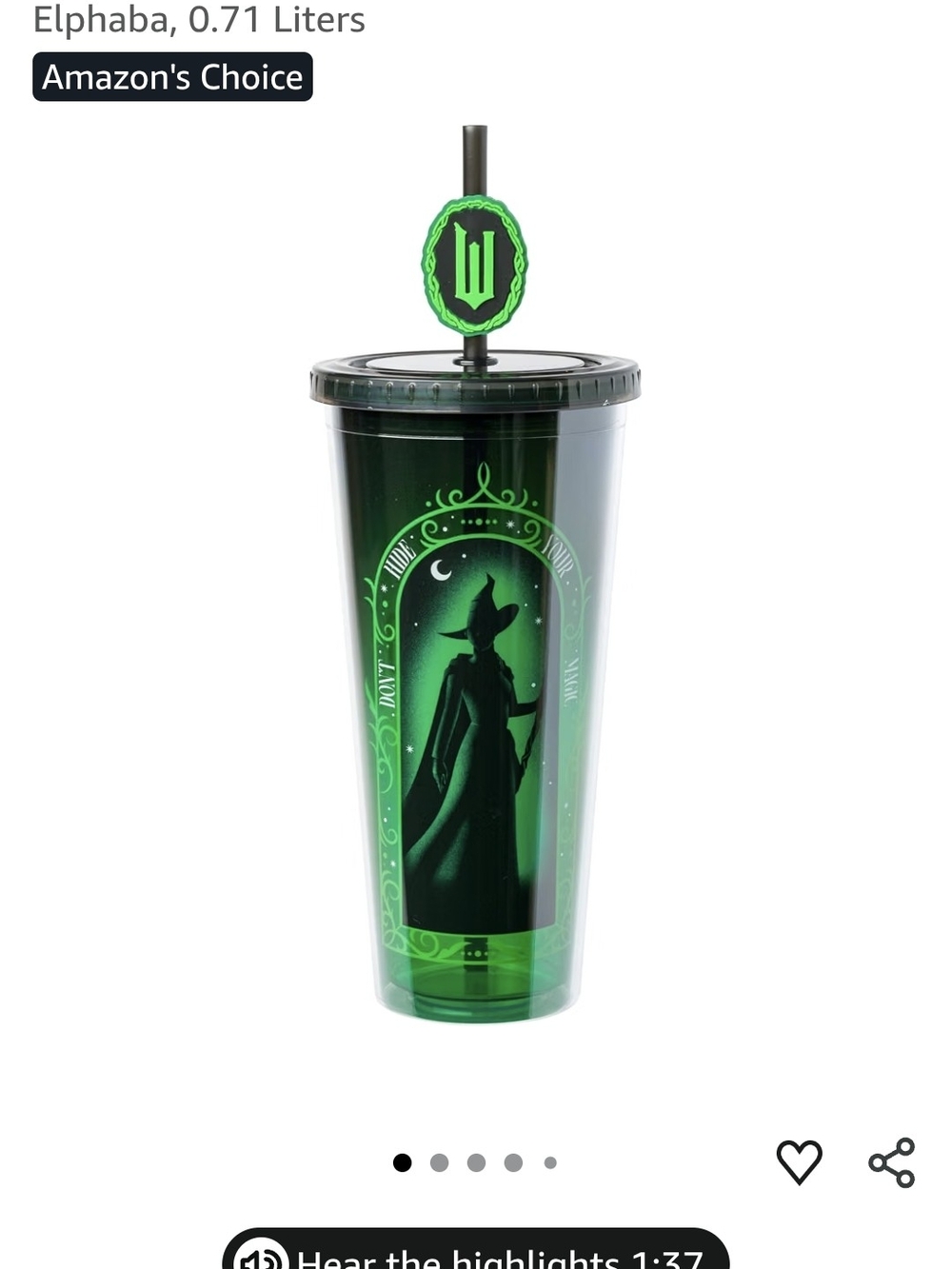 Disney Elphaba Green Double-Wall Tumbler with Straw and Lid